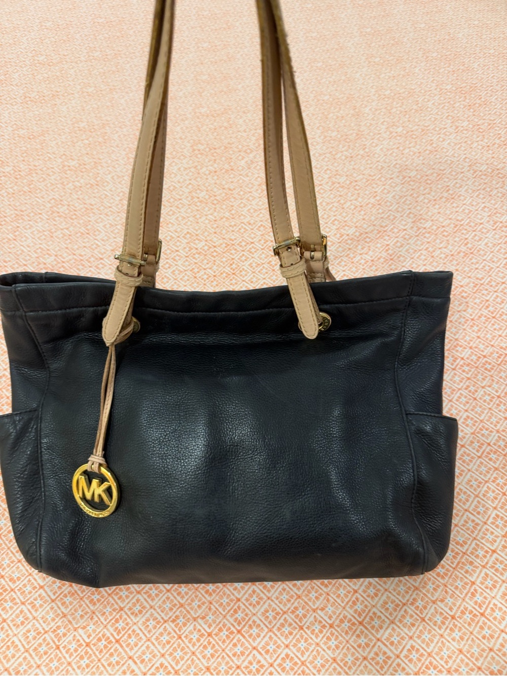 Michael Kors Black Leather Shoulder Tote with Tan Straps - Picture 2 of 6
